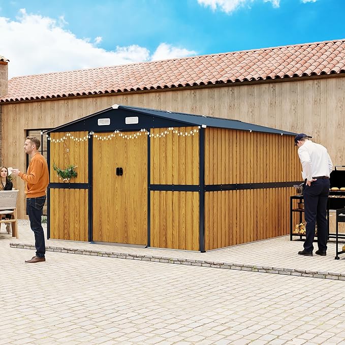 KEIKI 10x12 FT Outdoor Metal Storage Shed with Lockable Doors, Windows, and Ventilation, Garden Shed for Backyard, Patio, or Tool Storage, Yellow
