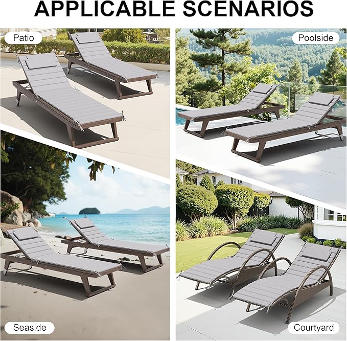 Crestlive Products Chaise Lounge Cushion Outdoor Set of 2, Foldable Waterproof Pool Lounge Chair Cushions with Straps, Lounger Cushions for Outdoor Furniture, 71''Lx21''W (Light Gray)
