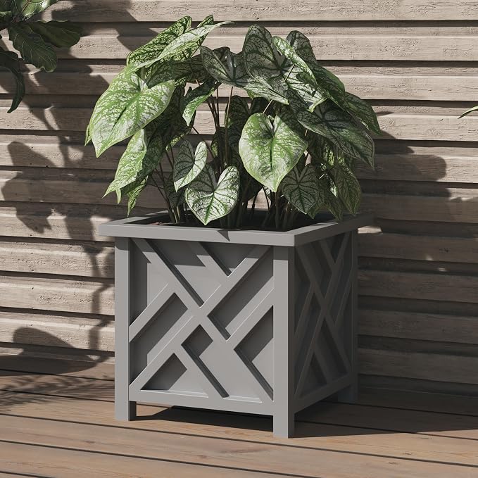 Lattice Design Outdoor Planter Box - 15.5” Square 16.5” Tall Gray Plant Pot - Decorative Plant Pots for Front Porch Decor - Flower Pots Outdoor Planters for Porch Patio or Garden Decor by Pure Garden