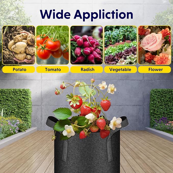 iPower 5-Pack 5 Gallon Thickened Grow Bags Nonwoven Fabric Pots Aeration Container with Strap Handles for Garden and Planting, Black