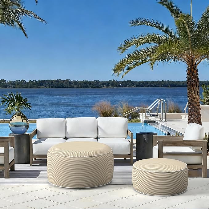 LVTXIII Indoor/Outdoor Large Inflatable Ottoman Pouf D31 x H14 Inch, Round Footstool with Handle, Weather-Resistant Portable Furniture for Patio, Camping, Beach, Stripe Beige