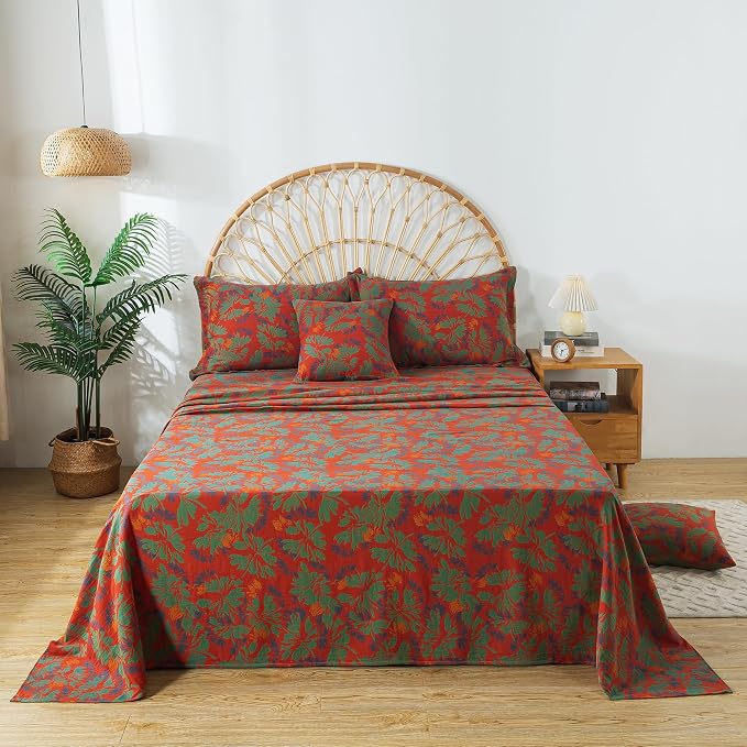 FADFAY Floral Sheets Set Queen Vintage Red Green Floral Bedding Shabby Maple Leaf Farmhouse Bedding Super Soft Washed Double -Layer Muslin Sheets 100% Cotton Deep Pocket Fitted Sheet 4Pcs, Queen Size