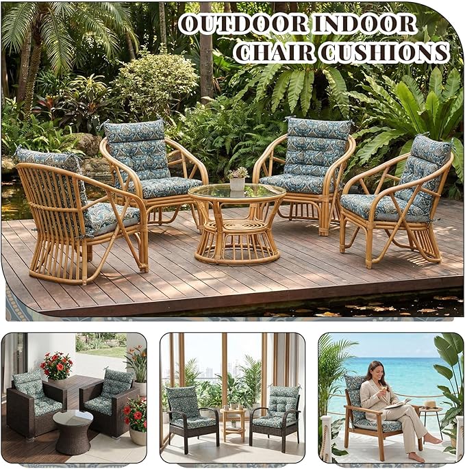 Sintuff 4 Pcs 44 x 21 x 4 Patio Chair Cushions Outdoor Chair Cushion Seat/Back Tufted Pillow with Ties Water Resistant Replacement Indoor Patio Furniture Outdoor Furniture (Paisley,Cyanine)
