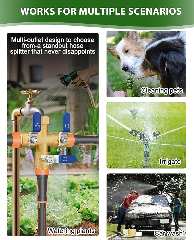 Garden Hose Splitter, 3 Way Heavy Duty Brass hose splitter, Water Hose Bib Spigot Splitter with 0.59" Full Flow Ball Valve Outlet & Shut-Off Valve 3/4'' Connector Outdoor Water Faucet Adapter(Blue)