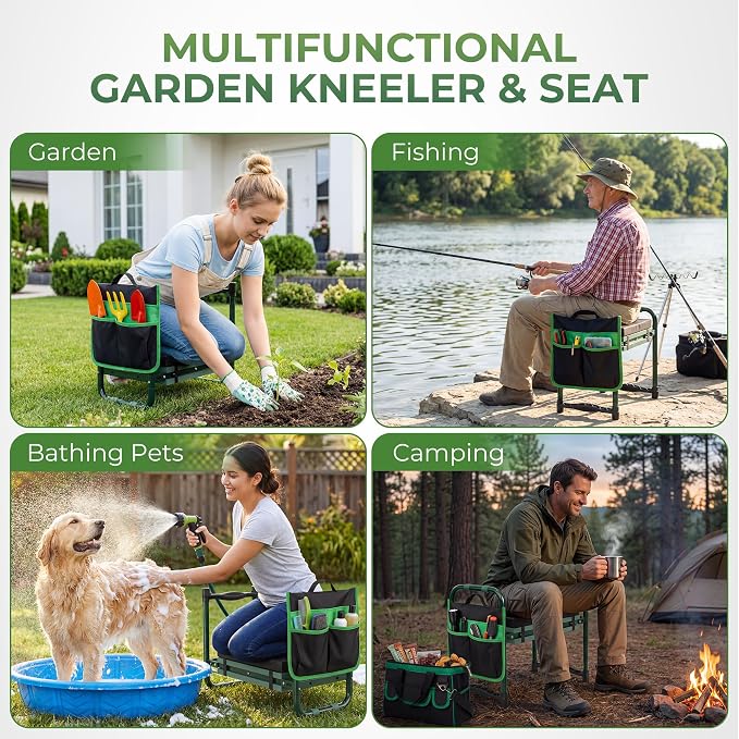 Walensee Garden Kneeler and Seat, Foldable Heavy Duty Garden Stool with Soft Kneeling Pad & Tool Pouch, Easy Stand Up Gardening Bench for Seniors, Women & Men, No Assembly Gardening Gift for Mom Dad