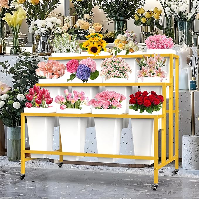 VGMiu Flower Display Stand with 12 Buckets, Flower Cart 3 Layers Gold Metal Flower Bar Stand with Wheels, Moving Florist Bouquet Shelf for Weddings Florist Indoor Outdoor Patio Garden Living Room