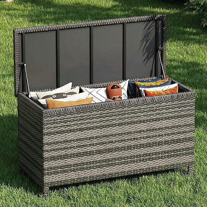 GarveeHome 185 Gallon Wicker Deck Box, All-Weather Outdoor Storage Bin with Rattan Finish, Large Capacity for Patio Furniture, Cushions, Pool Supplies & Garden Tools
