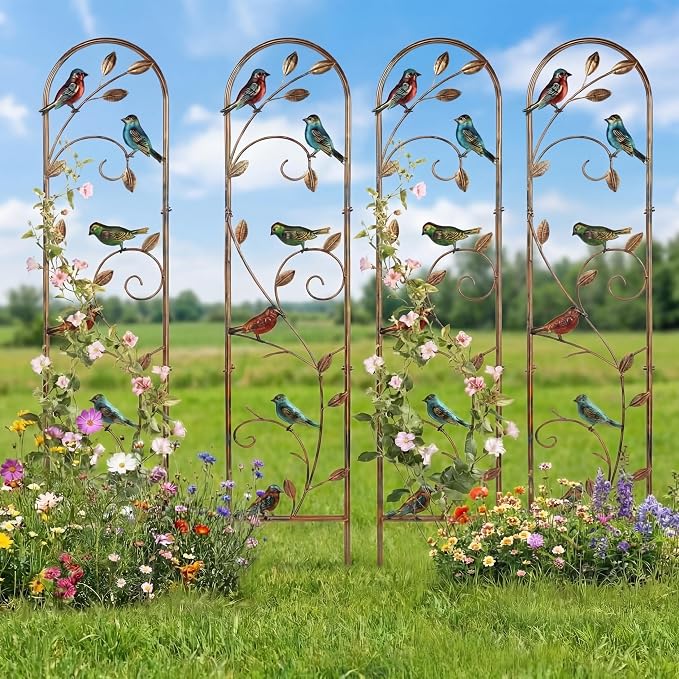 Blulu 4 Pack Metal Garden Trellis for Climbing Plants, 60x11 Inch Detachable Rustproof Arched Fence Flower Vegetable Plant Stand for Outdoor Patio Yard Lawn Decorative(Hummingbird)