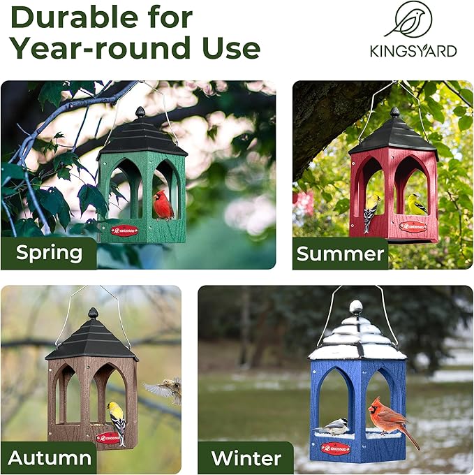 Kingsyard Platform Bird Feeder for Outdoor Hanging - Gazebo Style Recycled Plastic Wild Bird Feeding Station with Rain-Proof Roof & Metal Mesh Tray. Green