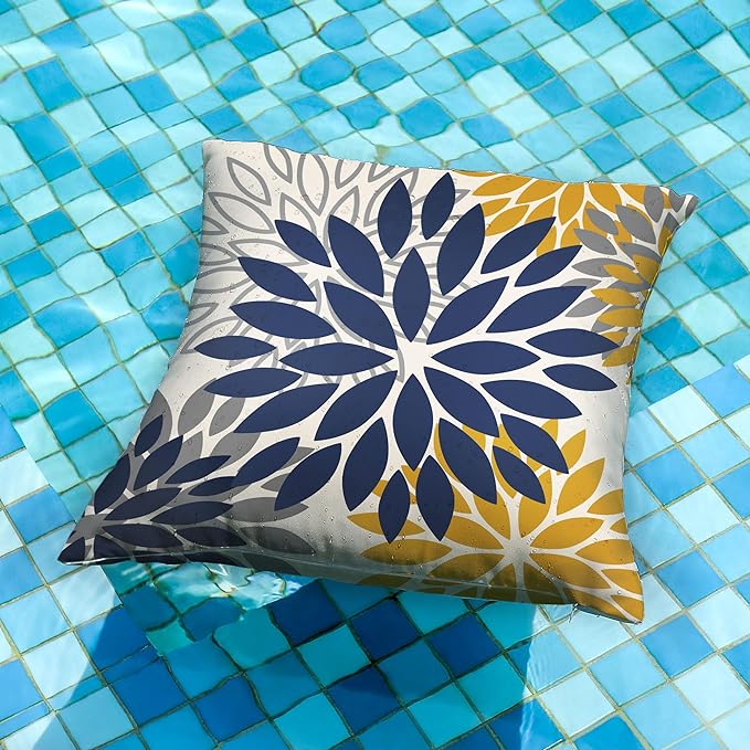 DFXSZ Blue Yellow Flower Pillow Covers 16x16 Inch Set of 2 Outdoor Throw Pillows Outdoor Waterproof Decor for Living Room Sofa Patio Funiture Garden Floral Polyester Pillow Covers 002Z16