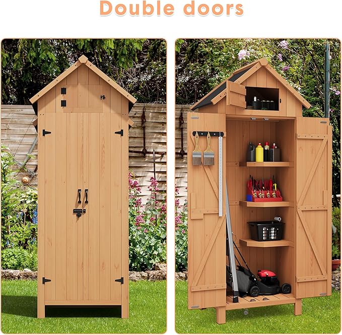 70in Tall Outdoor Storage Shed, Waterproof Wooden Garden Tool Shed with 4 Shelves and Lockable Doors, Vertical Outdoor Storage Cabinet for Patio Yard Lawn