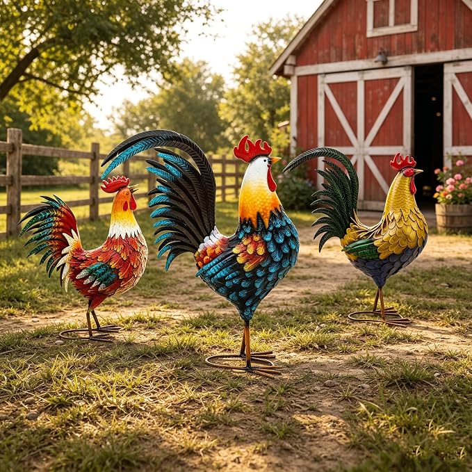 32" Metal Rooster Yard Decor, Large Outdoor Garden Statue | Outdoor Chicken Sculpture, 3D Hand-Painted, Rustic Farmhouse Style, Weather Resistant Iron, Backyard Patio Lawn Garden