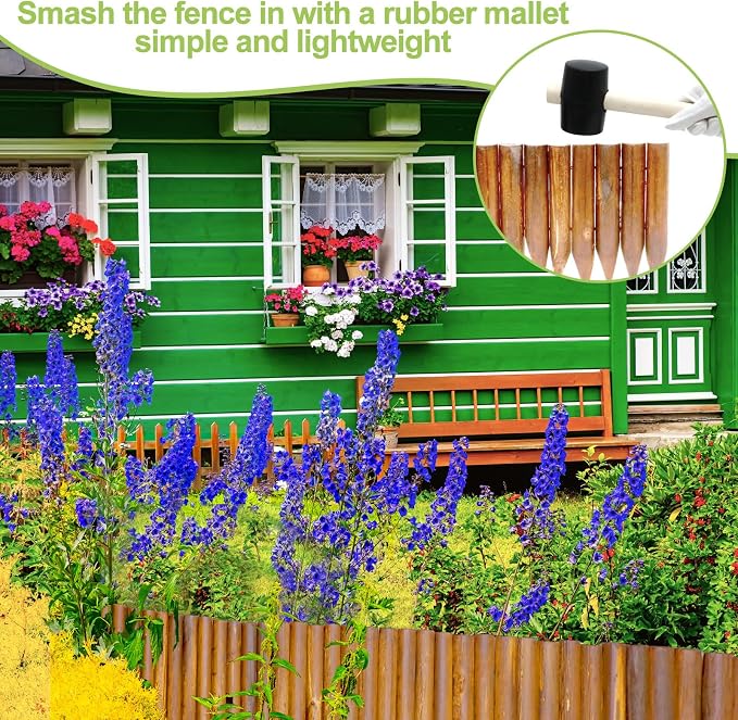 Hicarer 5 Pcs Wood Garden Edging Fence Border, 8" H x 47" L for Each, Wooden Solid Log Landscape Border, Short Decorative Flower Bed Barriers with Gloves & Hammer for Tree Lawn Yard(Light Wood Color)