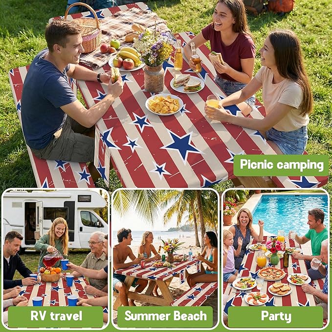 Picnic Table Cover with Bench Covers Waterproof Vinyl Elastic Rectangle Fitted Table Cloth Camping Lovers Essentials Rv Car Travel Overlanding Outdoor Roadtrip Road Trip Women Men Camper Gifts 8 Foot