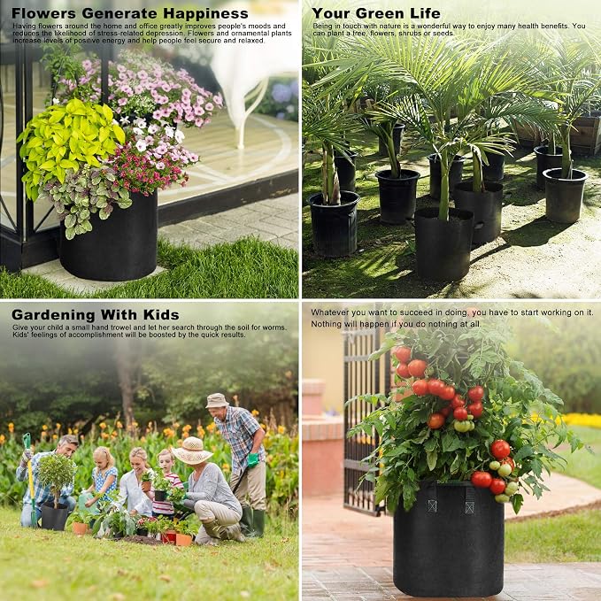 GreenTiger Tall Grow Bags, 8-Pack 7 Gallon Grow Pots with Handles, Improved 300G Thickened Aeration Fabric Deep Plant Growing Bags, Designed for Indoor/Outdoor Vegetables and Flowers, Classic Black
