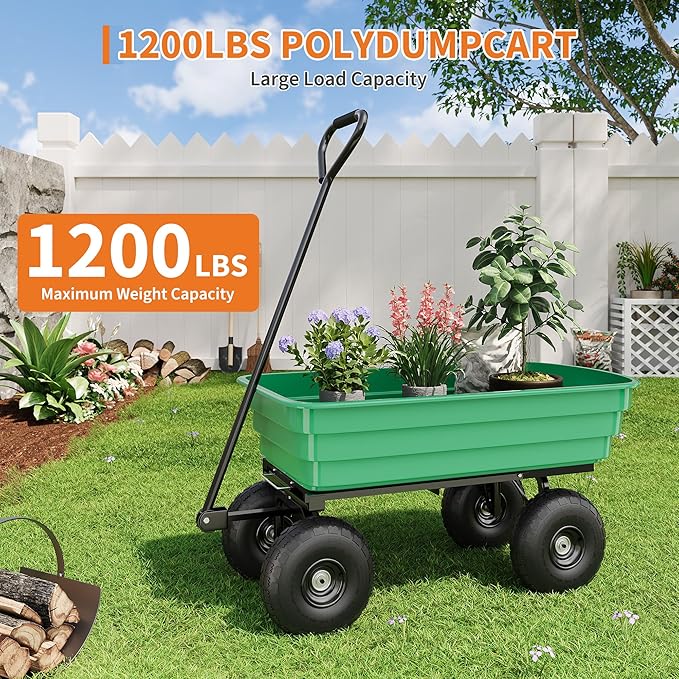 Heavy Duty Garden Dump Cart with 1200 Lbs Capacity – 4 Cu.Ft Yard Utility Wagon with 10" All-Terrain Tires, 180° Adjustable Handle & Quick-Release Tipping for Soils, Plants & Tools, Green