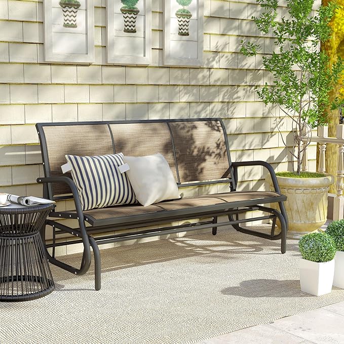 Outsunny 3-Person Patio Glider Bench, Outdoor Porch Glider Swing with 3 Seats, Breathable Mesh Fabric, Metal Frame, Light Mixed Brown