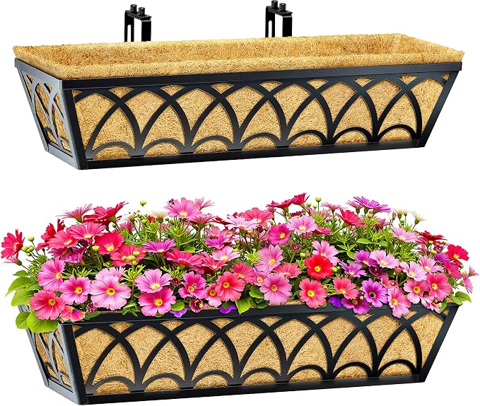 24 Inch Railing Planter Box Window Boxes Planters - 4 Pack Deck Railing Planter Boxes with Adjustable Brackets Coco Liners Balcony Planters Railing Hanging for Window Flower Boxes Outdoor Garden Decor