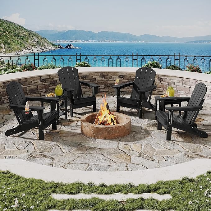 GarveeLife Folding Adirondack Chair, All-Weather HDPE Outdoor Chair, Wooden Textured with Cup Holder for patios, Decks, Gardens, fire pits, Black
