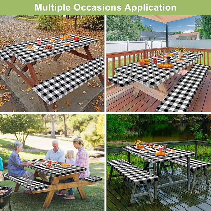 Play Tailor Picnic Table Cover with Bench Covers Camping Essentials Waterproof Windproof Camping Tablecloth with Drawstring Bag, Fitted Rectangle Tables and Seats, 72in, White Black Checkered