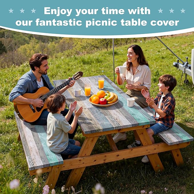 Picnic Table Cover with Bench Covers 6FT Farmhouse Waterproof Windproof Fitted Outdoor Wood Tablecloth with Elastic Rectangle Table Cloth Camping Essentials (Green)
