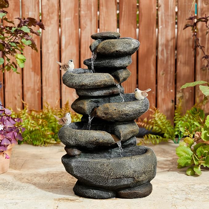 Glitzhome 5-Tier Cascading Rock Outdoor Water Fountain with LED Light & Pump, Natural Stacked Stone Look Water Fountain with Lively Birds for Garden, Patio, Porch, 23”H