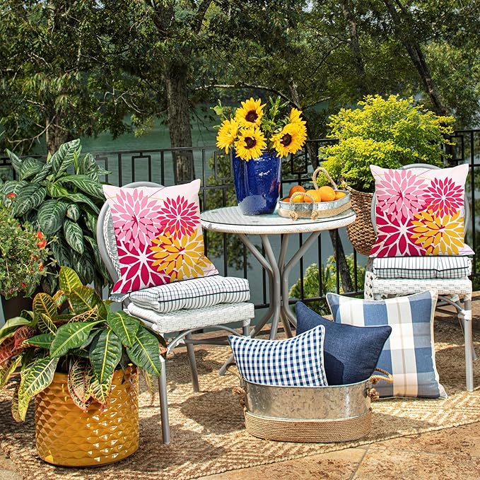 DFXSZ Outdoor Pillow Covers - 18x18 Inch Set of 2 Pink Yellow Flower Decorative Waterproof Summer Pillow Covers for Patio Furniture, Garden Couch