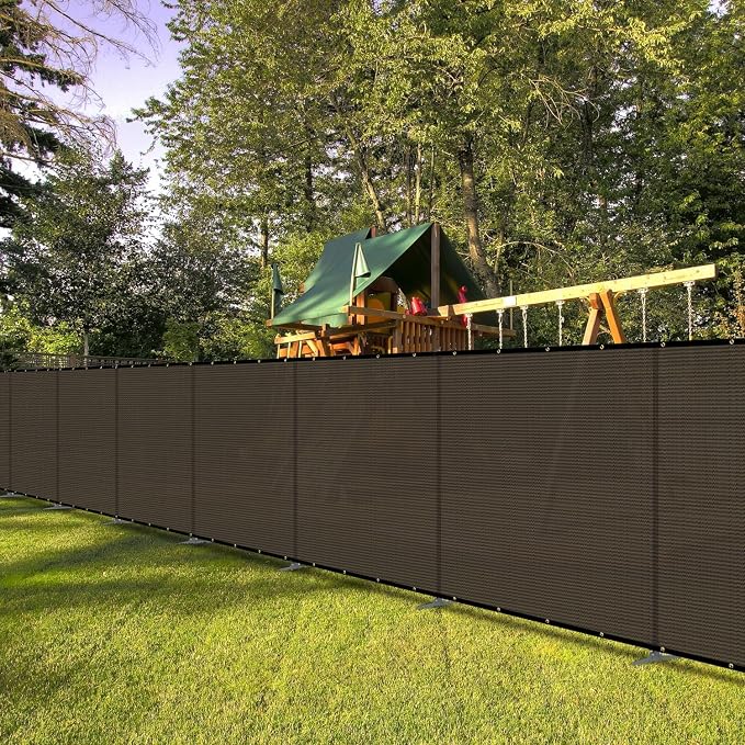 Bynbbur 5'x44' Outdoor Privacy Screen Freestanding with Iron Poles and Stakes, Temporary Dog Fencing, Backyard Divider, Metal Garden Fence for Pool Patio Barrier Border, Brown