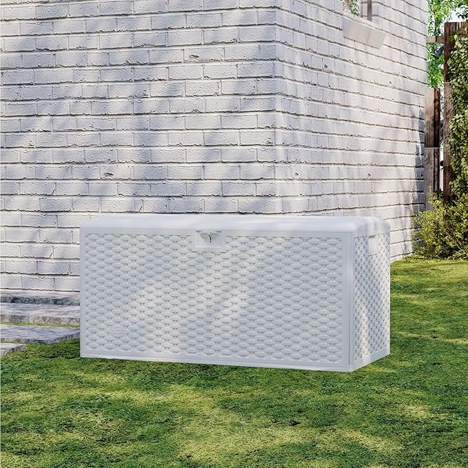 120 Gallon Waterproof Large Resin Deck Box Indoor Outdoor, Lockable Storage Container for Patio Furniture Cushions, Throw Pillows, Garden Tools, and Pool Floats, White