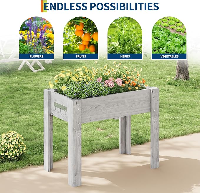 34x18x30IN Wooden Raised Garden Bed with Legs, Elevated Reinforced Large Planter Box for Vegetable Flower Herb Outdoor, Standing Growing Bed for Gardening/Backyard/Patio/Balcony, Liner Included