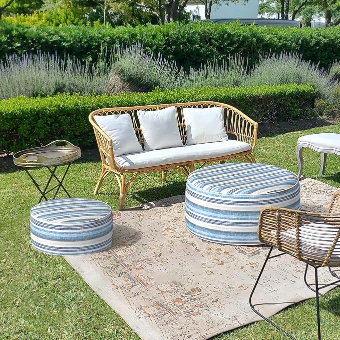 LVTXIII Outdoor Inflatable Ottoman, Fade-Resistant Round Footrest Stool D31”x H14”, Portable Patio Pouf for Garden Camping or Home Use, Stripe Layered Blue