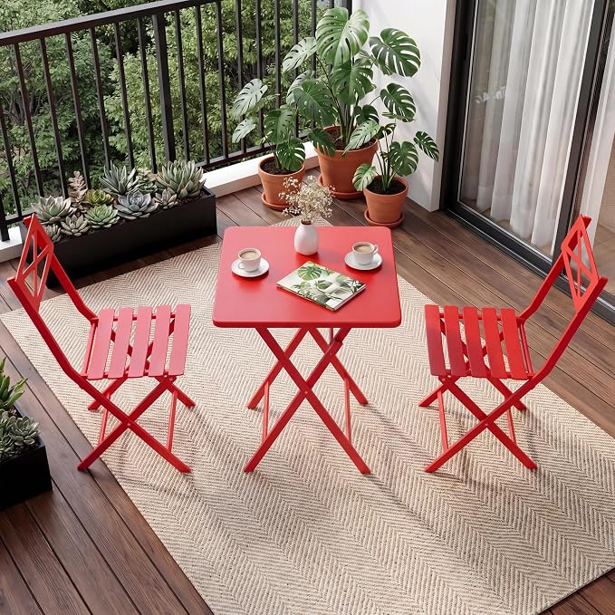 GarveeTech 3-Piece Folding Bistro Set, Heavy Duty Outdoor Patio Furniture with 2 Chairs & 1 Table, Weather-Resistant Steel Frame, No Assembly Required for Garden, Yard, Balcony,Red