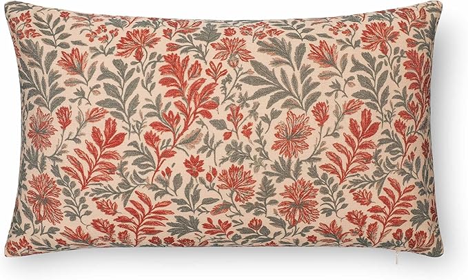 Crumbs Home Modern Farmhouse California Casual Indoor Outdoor Lumbar Pillow Cover, 12"x20" Water Repellent for Patio, Backyard, Couch, Poolside, Rust Orange Print Sketch Botanical Flowers and Leaves