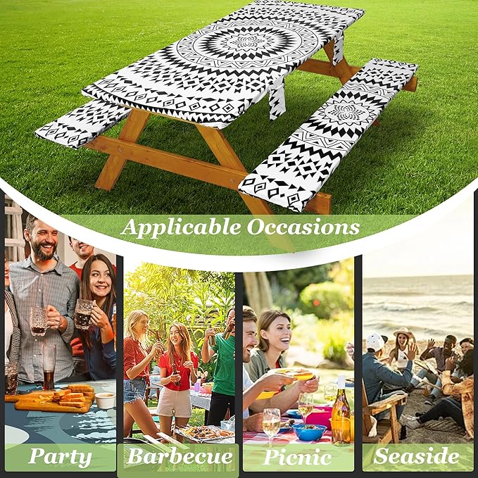 Fitted Picnic Table Cover with Bench Covers Waterproof Elastic Edges Rectangle Patio Tablecloth Outdoor Camping Essentials Stuff Rv Accessories Summer Trip Travel Supplies Party Camper Gifts, 8 ft