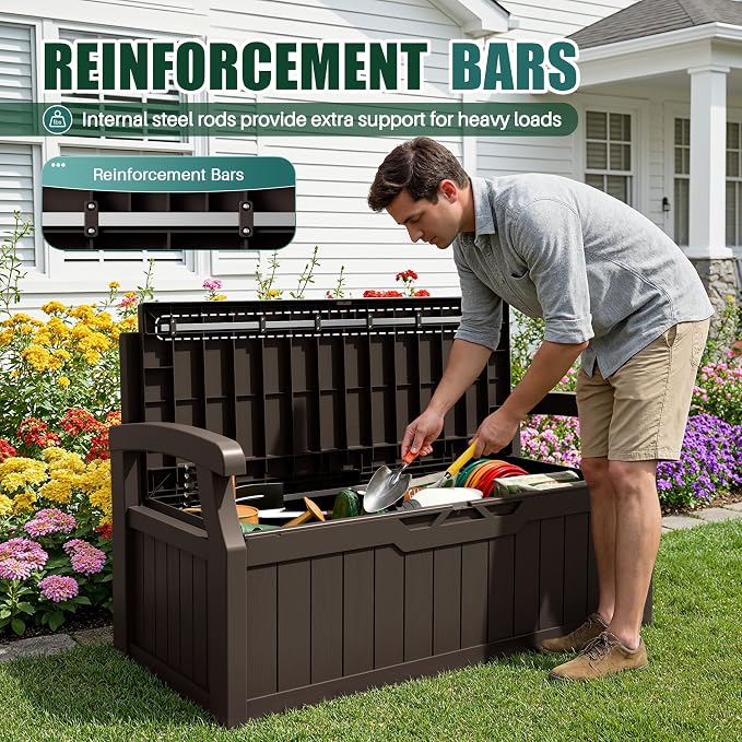Devoko 80 Gallon Storage Bench with Cushion, Lockable Deck Box for Patio Furniture, Garden Decor and Outdoor Seating for Cushions, Garden Tools and Pool Supplies (Dark Brown, 80 Gallon with Cushion)