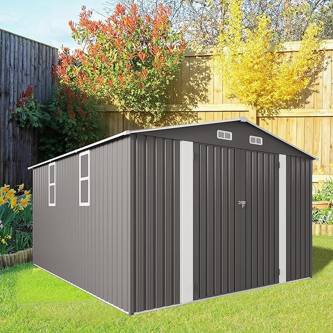 KEIKI 10x12 FT Outdoor Metal Storage Shed with Vent,2 Window and 2 Swing Door,Sloped Roof for Patio Backyard Bicycles