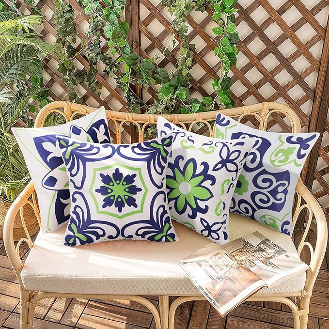 Pyonic Outdoor Pillow Covers 16x16 Set of 4,Spring Summer Foral Garden Waterproof Throw Pillow Covers Cushion Covers for Patio Couch Tent,Navy Blue