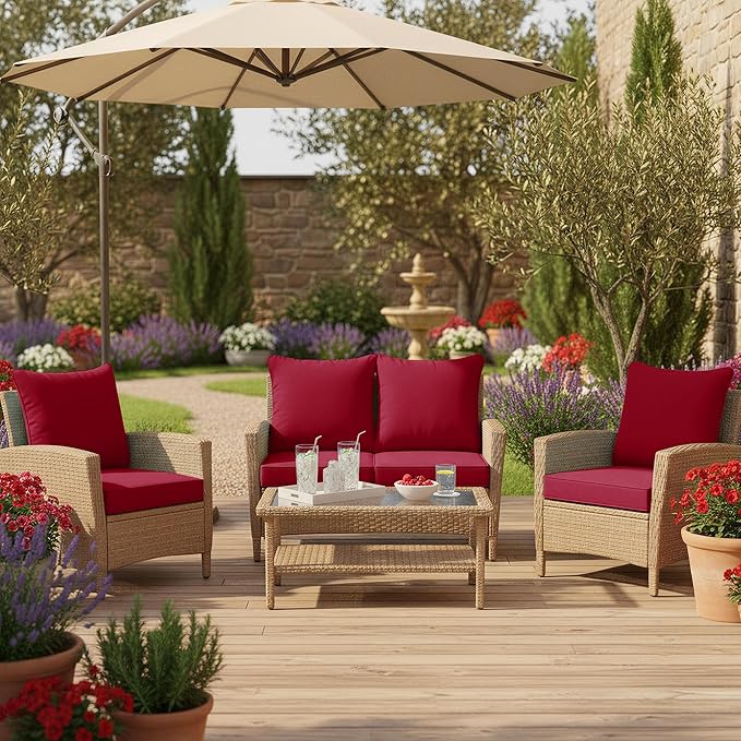 Summsun Outdoor Cushions for Patio Furniture, Double-Sided Waterproof Backrest and Seat Cushion Set with Removable Cover, 19 x 19 Inch, Red, Set of 4