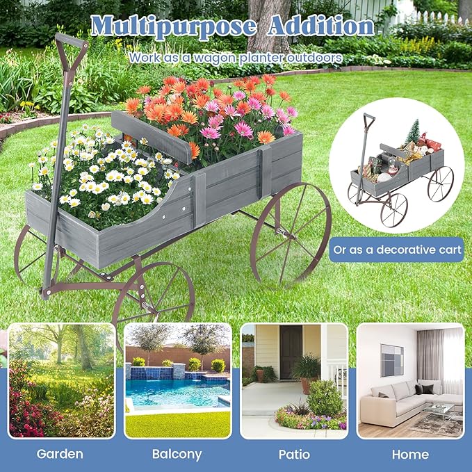 DORTALA Wood Wagon Planter, Outdoor Garden Flower Planter Cart with Wheels, Small Decorative Wood Raised Bed Plant Pot Box Stand for Backyard, Patio, Balcony, Grey