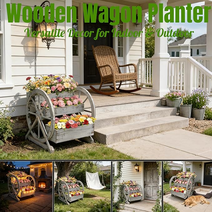 3 Tier Large Wooden Wagon Planter Box|Outdoor Planter/Flower Pot for Indoor&Outdoor Plants-Rustic Garden Planter for Patio,Porch&Garden Decor-Raised Garden Bed for Succulents,Herbs,Vegetables