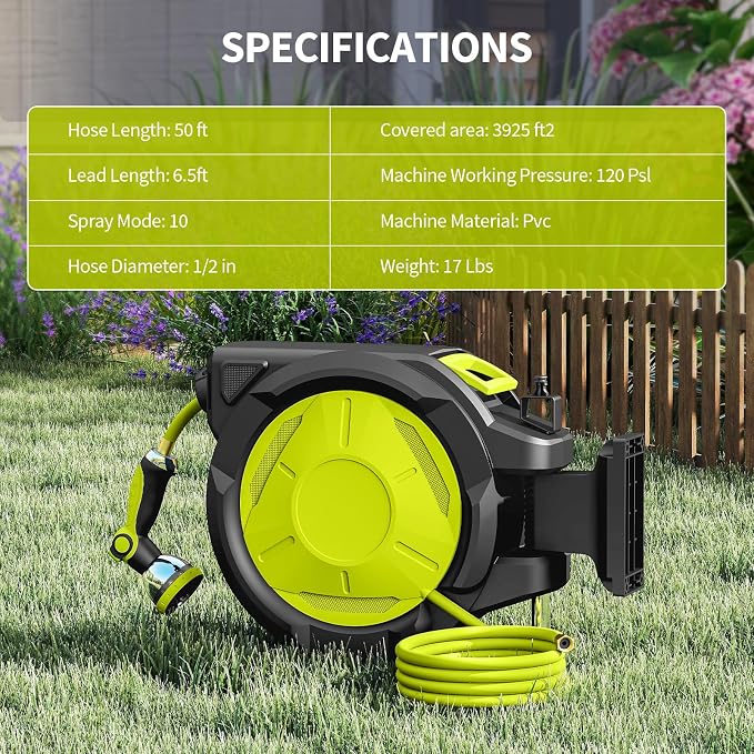 Retractable Garden Hose Reel - 1/2 inch x 50ft Wall Mounted Hose Reel with 3/4 inch Brass Fitting & 10 Function Sprayer Nozzle - Any Length Lock, Auto Rewind System, 180°Swivel Bracket - Black