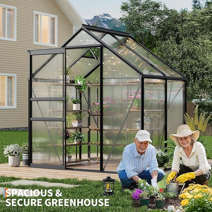6x4FT Greenhouse for Outdoors, Walk-in Polycarbonate Greenhouse with Sliding Door, Adjustable Roof Vent & Gutter System, Portable Outdoor Green House Kit for Winter Gardening