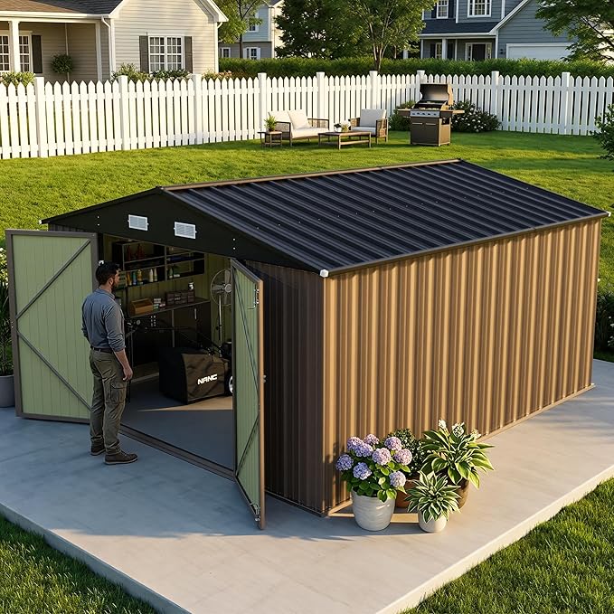 Greesum 10x12FT Outdoor Storage Shed, Utility Tool Shed with Sloping Roof, Metal Storaged Garden Shed with Door & Lock for Patio Storage, Brown