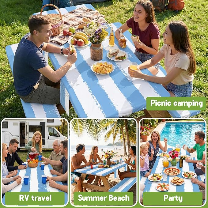Picnic Table Cover with Bench Covers Camping Essentials Waterproof Windproof Patio Outdoor Tablecloth with Storage Bag, Fitted Rectangle Tables and Seats Tablecover for Rv Owner Camper 96in