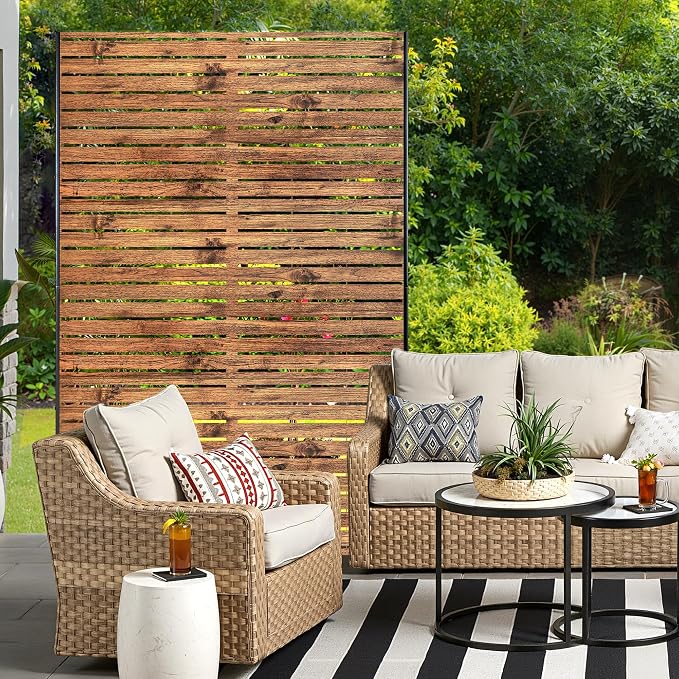 Metal Privacy Screen for Outdoor & Indoor Use, Free Standing Privacy Screen for Patio Garden Pool, 72" H x 47" W Decoative Privacy Panels, Weather Resistant, Easy Assembly (Natural Brown)