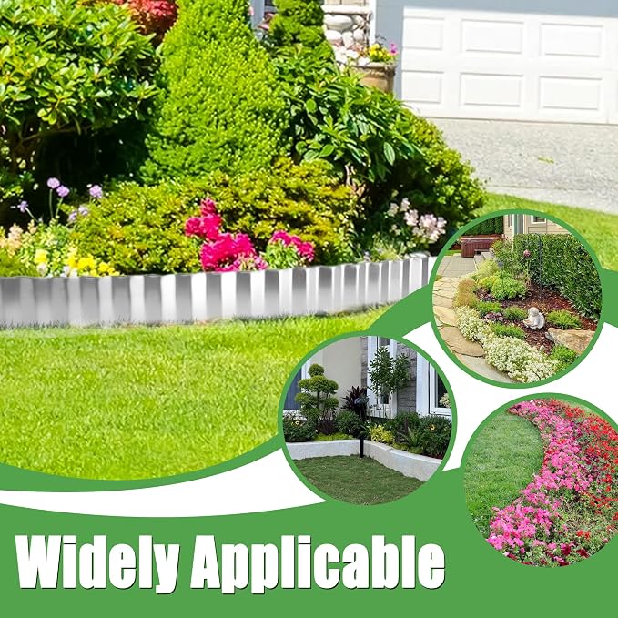 Quibbay Metal Corrugated Garden Edging, 4" x 50Ft Garden Edging Border for Garden and Flower Bed, Landscape Edging for Grass Barrier, Sidewalk, Lawn and Yard, Silvery