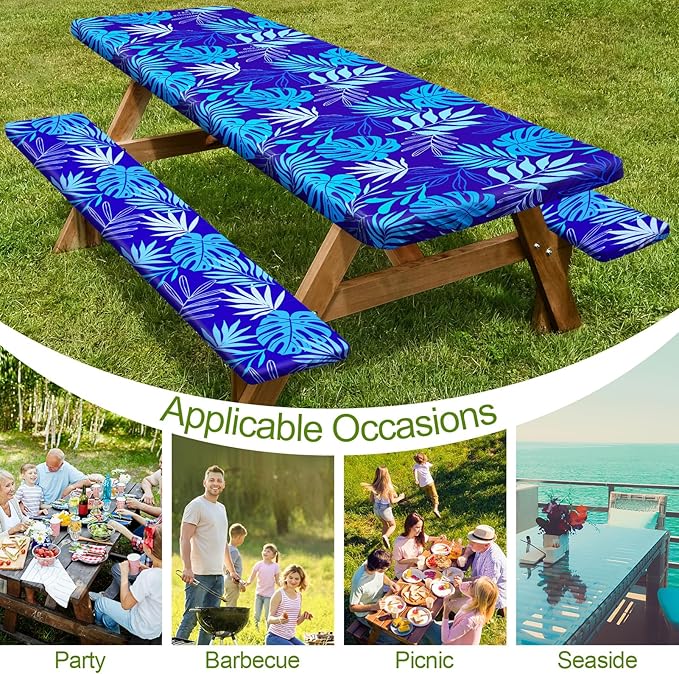 Play Tailor Picnic Table Cover with Bench Covers Camping Essentials Waterproof Windproof Camping Tablecloth with Drawstring Bag, Fitted Rectangle Tables and Seats, 96in, Dark Blue