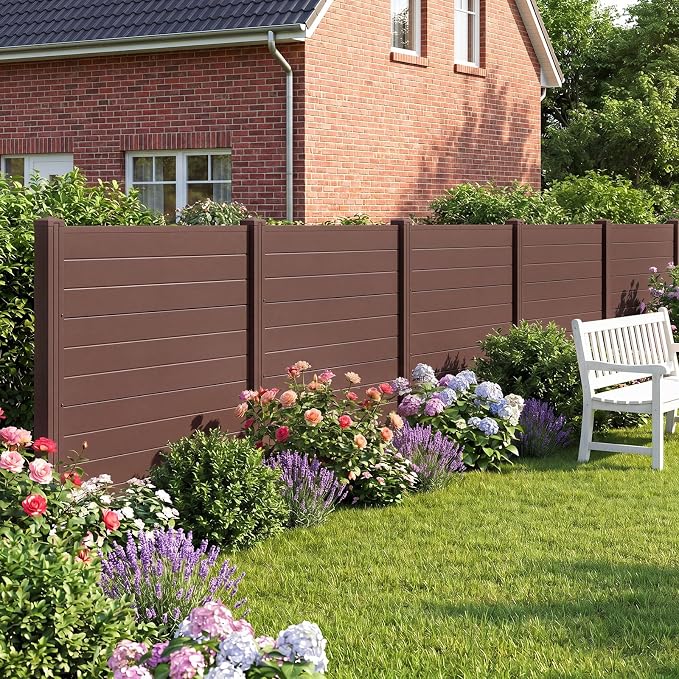 HAPPYGRILL Air Conditioner Fence, 3 Panels Outdoor Privacy Screen with Metal Stakes, No Dig Pool Equipment Enclosure, 48" x 38" Trash Can Screen Fence Kit for Outside Backyard, Brown
