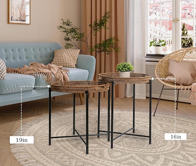 DINGTAI Brown Small Round End Table, 19in Rattan End Tables, Wicker Rattan Side Table, Round Sofa Side Table, Indoor Outdoor Side Tables for Patio, Living Room Bedroom Office