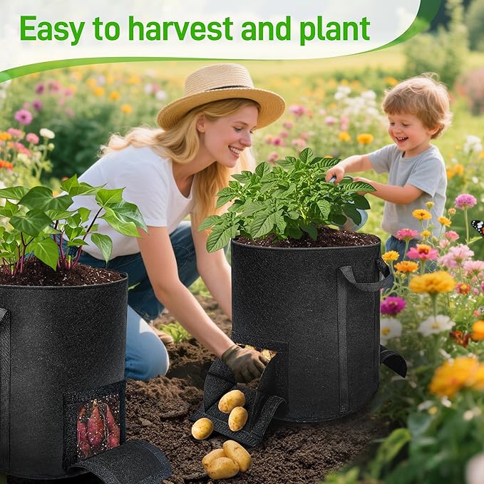 4 Pcs 15 Gallon Potato Grow Bags with Harvest & Visible Windows, Thickened Nonwoven Fabric Potato Planter,Potato Growing Containers with Sturdy Handles, Potato Bags for Growing Potatoes Vegetables